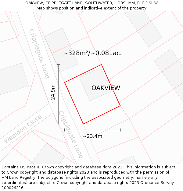 OAKVIEW, CRIPPLEGATE LANE, SOUTHWATER, HORSHAM, RH13 9HW: Plot and title map