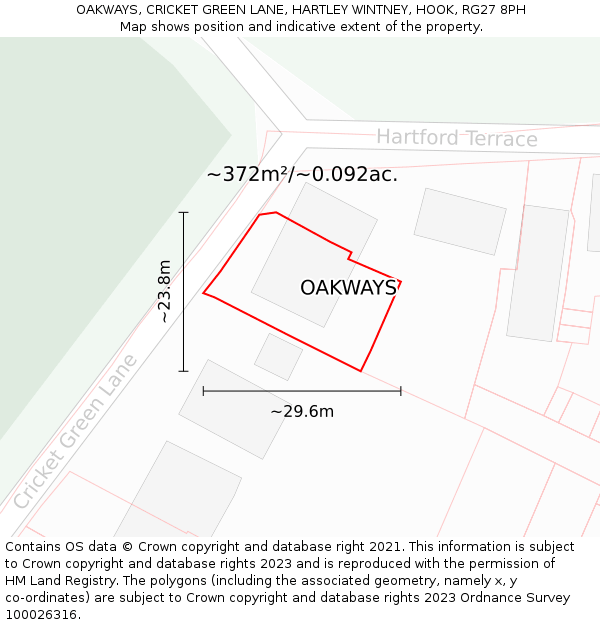 OAKWAYS, CRICKET GREEN LANE, HARTLEY WINTNEY, HOOK, RG27 8PH: Plot and title map