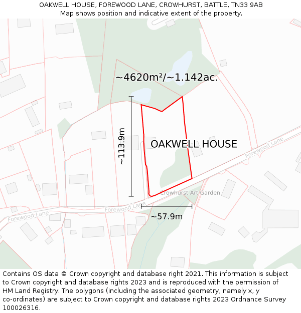 OAKWELL HOUSE, FOREWOOD LANE, CROWHURST, BATTLE, TN33 9AB: Plot and title map