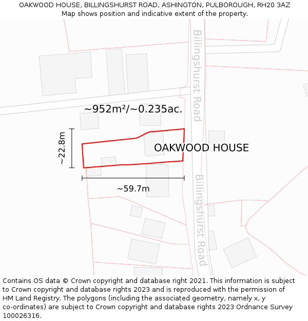 OAKWOOD HOUSE, BILLINGSHURST ROAD, ASHINGTON, PULBOROUGH, RH20 3AZ: Plot and title map