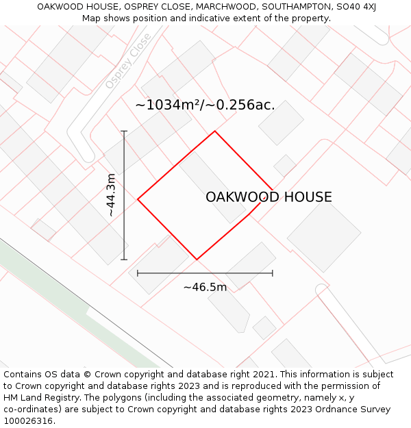 OAKWOOD HOUSE, OSPREY CLOSE, MARCHWOOD, SOUTHAMPTON, SO40 4XJ: Plot and title map