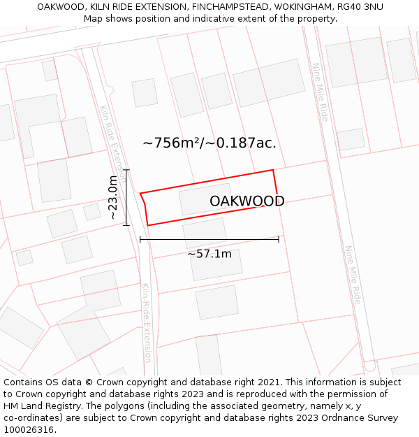 OAKWOOD, KILN RIDE EXTENSION, FINCHAMPSTEAD, WOKINGHAM, RG40 3NU: Plot and title map