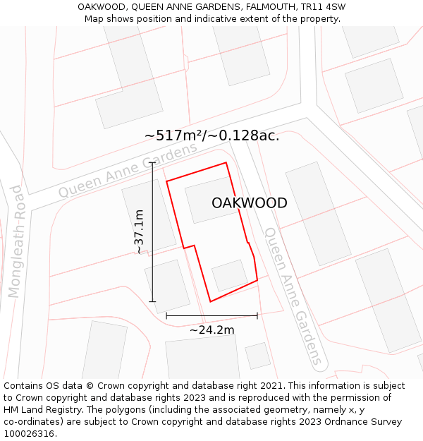 OAKWOOD, QUEEN ANNE GARDENS, FALMOUTH, TR11 4SW: Plot and title map