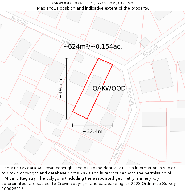 OAKWOOD, ROWHILLS, FARNHAM, GU9 9AT: Plot and title map