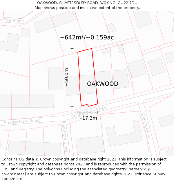 OAKWOOD, SHAFTESBURY ROAD, WOKING, GU22 7DU: Plot and title map