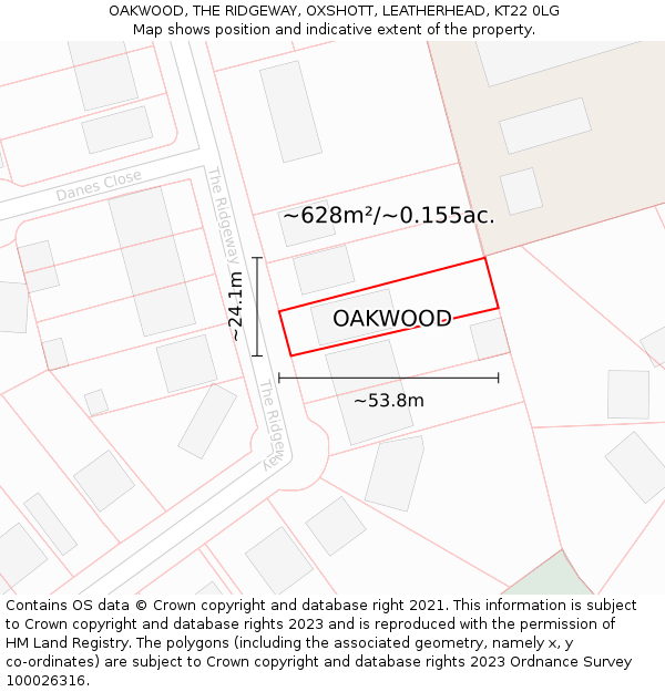 OAKWOOD, THE RIDGEWAY, OXSHOTT, LEATHERHEAD, KT22 0LG: Plot and title map