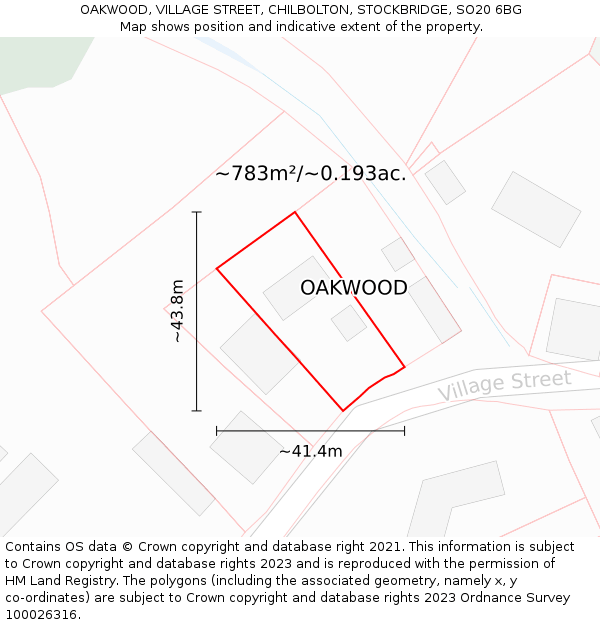 OAKWOOD, VILLAGE STREET, CHILBOLTON, STOCKBRIDGE, SO20 6BG: Plot and title map