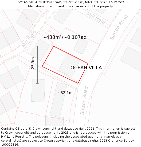 OCEAN VILLA, SUTTON ROAD, TRUSTHORPE, MABLETHORPE, LN12 2PD: Plot and title map