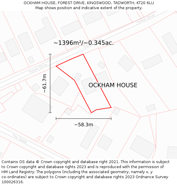 OCKHAM HOUSE, FOREST DRIVE, KINGSWOOD, TADWORTH, KT20 6LU: Plot and title map