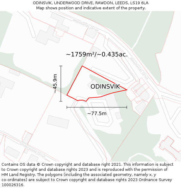 ODINSVIK, UNDERWOOD DRIVE, RAWDON, LEEDS, LS19 6LA: Plot and title map