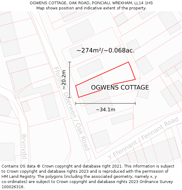 OGWENS COTTAGE, OAK ROAD, PONCIAU, WREXHAM, LL14 1HS: Plot and title map