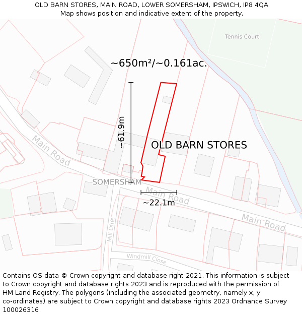 OLD BARN STORES, MAIN ROAD, LOWER SOMERSHAM, IPSWICH, IP8 4QA: Plot and title map