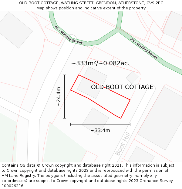 OLD BOOT COTTAGE, WATLING STREET, GRENDON, ATHERSTONE, CV9 2PG: Plot and title map