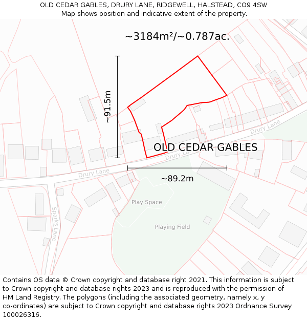 OLD CEDAR GABLES, DRURY LANE, RIDGEWELL, HALSTEAD, CO9 4SW: Plot and title map
