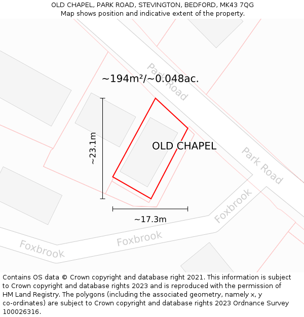 OLD CHAPEL, PARK ROAD, STEVINGTON, BEDFORD, MK43 7QG: Plot and title map