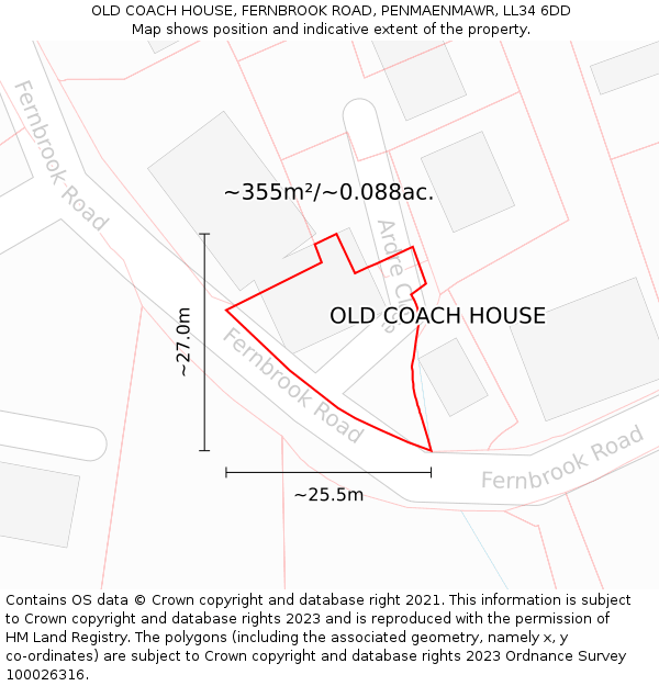 OLD COACH HOUSE, FERNBROOK ROAD, PENMAENMAWR, LL34 6DD: Plot and title map