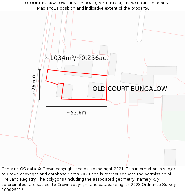 OLD COURT BUNGALOW, HENLEY ROAD, MISTERTON, CREWKERNE, TA18 8LS: Plot and title map