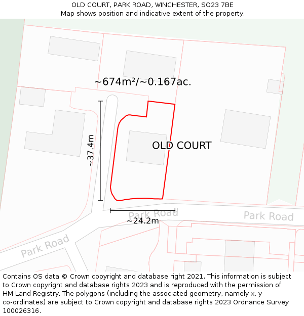 OLD COURT, PARK ROAD, WINCHESTER, SO23 7BE: Plot and title map