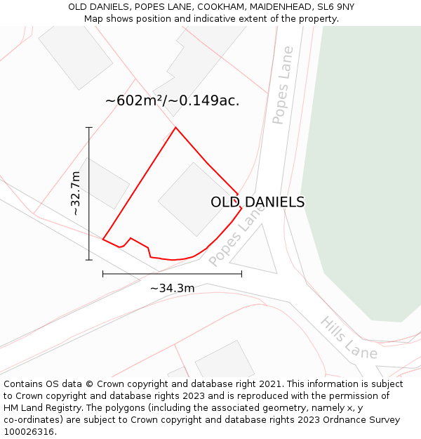 OLD DANIELS, POPES LANE, COOKHAM, MAIDENHEAD, SL6 9NY: Plot and title map