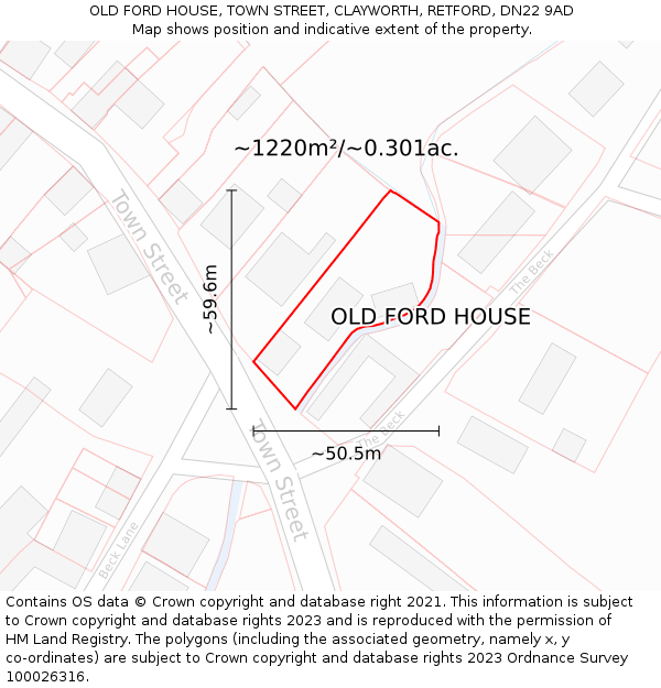 OLD FORD HOUSE, TOWN STREET, CLAYWORTH, RETFORD, DN22 9AD: Plot and title map