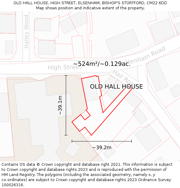 OLD HALL HOUSE, HIGH STREET, ELSENHAM, BISHOP'S STORTFORD, CM22 6DD: Plot and title map