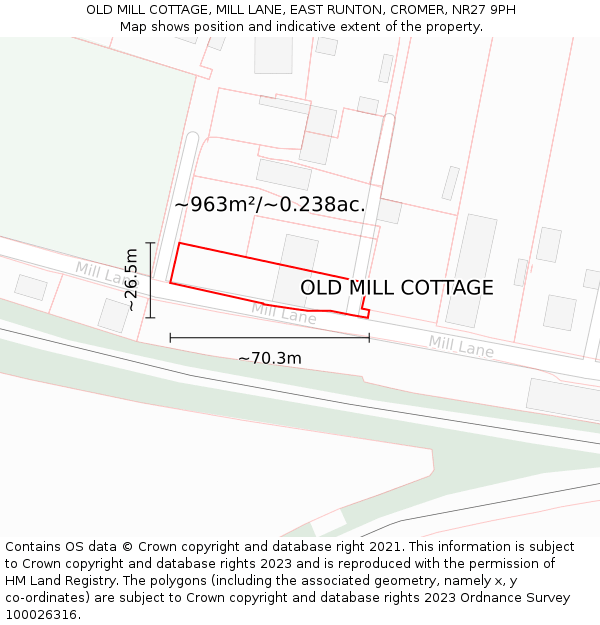 OLD MILL COTTAGE, MILL LANE, EAST RUNTON, CROMER, NR27 9PH: Plot and title map