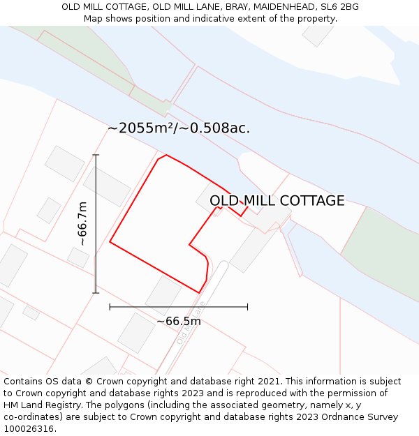 OLD MILL COTTAGE, OLD MILL LANE, BRAY, MAIDENHEAD, SL6 2BG: Plot and title map
