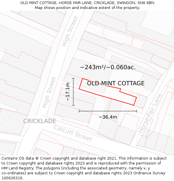 OLD MINT COTTAGE, HORSE FAIR LANE, CRICKLADE, SWINDON, SN6 6BN: Plot and title map