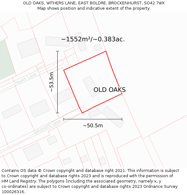 OLD OAKS, WITHERS LANE, EAST BOLDRE, BROCKENHURST, SO42 7WX: Plot and title map