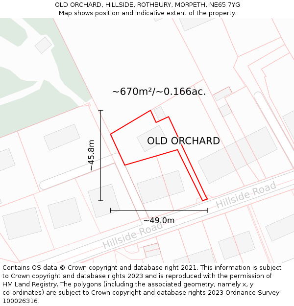 OLD ORCHARD, HILLSIDE, ROTHBURY, MORPETH, NE65 7YG: Plot and title map