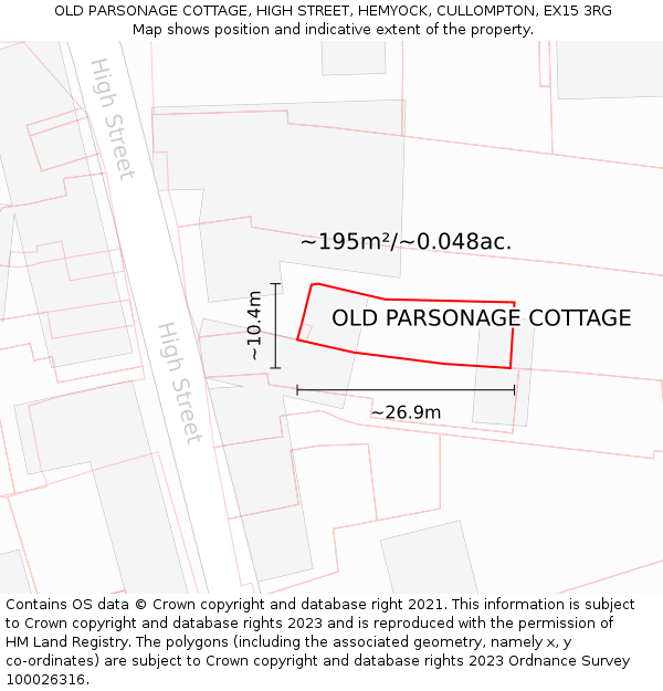 OLD PARSONAGE COTTAGE, HIGH STREET, HEMYOCK, CULLOMPTON, EX15 3RG: Plot and title map