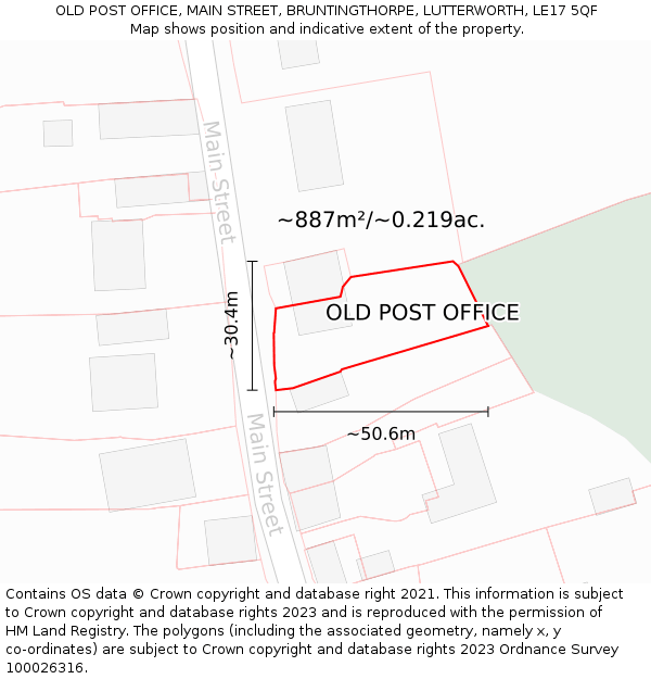 OLD POST OFFICE, MAIN STREET, BRUNTINGTHORPE, LUTTERWORTH, LE17 5QF: Plot and title map