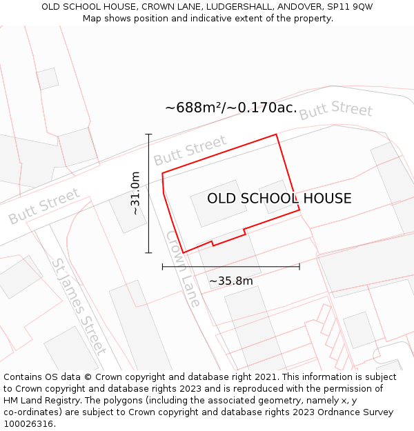 OLD SCHOOL HOUSE, CROWN LANE, LUDGERSHALL, ANDOVER, SP11 9QW: Plot and title map