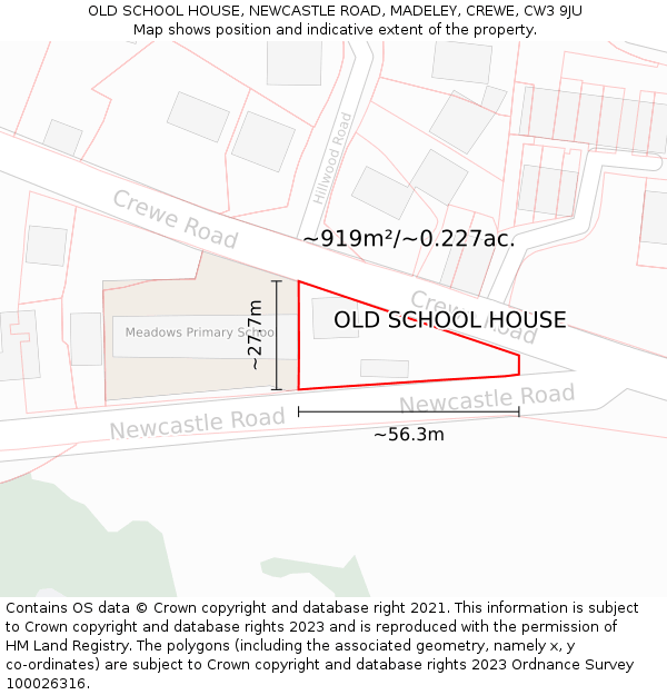 OLD SCHOOL HOUSE, NEWCASTLE ROAD, MADELEY, CREWE, CW3 9JU: Plot and title map