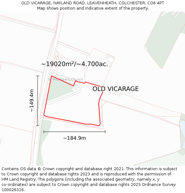 OLD VICARAGE, NAYLAND ROAD, LEAVENHEATH, COLCHESTER, CO6 4PT: Plot and title map