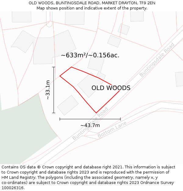 OLD WOODS, BUNTINGSDALE ROAD, MARKET DRAYTON, TF9 2EN: Plot and title map