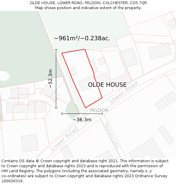 OLDE HOUSE, LOWER ROAD, PELDON, COLCHESTER, CO5 7QR: Plot and title map