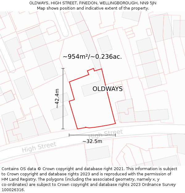 OLDWAYS, HIGH STREET, FINEDON, WELLINGBOROUGH, NN9 5JN: Plot and title map