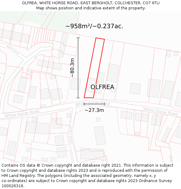 OLFREA, WHITE HORSE ROAD, EAST BERGHOLT, COLCHESTER, CO7 6TU: Plot and title map
