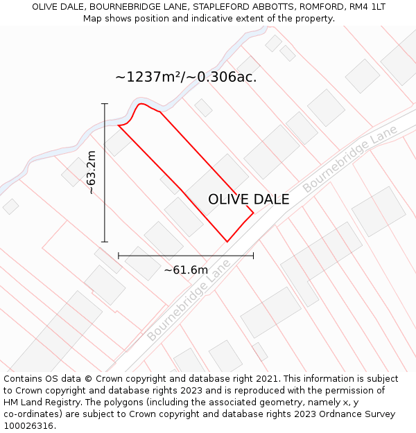 OLIVE DALE, BOURNEBRIDGE LANE, STAPLEFORD ABBOTTS, ROMFORD, RM4 1LT: Plot and title map