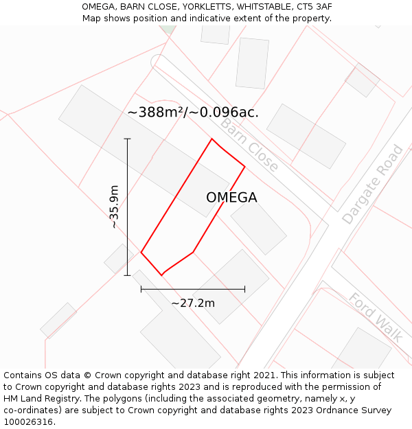 OMEGA, BARN CLOSE, YORKLETTS, WHITSTABLE, CT5 3AF: Plot and title map