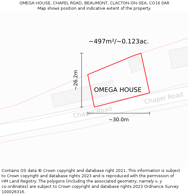 OMEGA HOUSE, CHAPEL ROAD, BEAUMONT, CLACTON-ON-SEA, CO16 0AR: Plot and title map