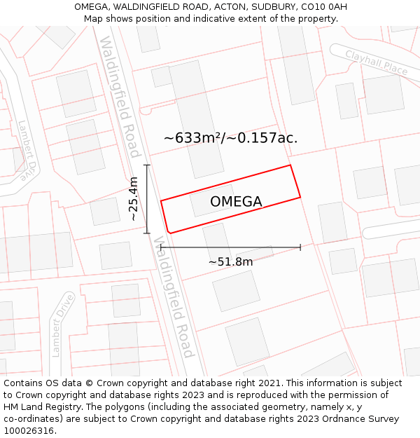 OMEGA, WALDINGFIELD ROAD, ACTON, SUDBURY, CO10 0AH: Plot and title map