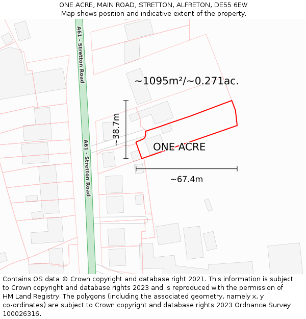 ONE ACRE, MAIN ROAD, STRETTON, ALFRETON, DE55 6EW: Plot and title map