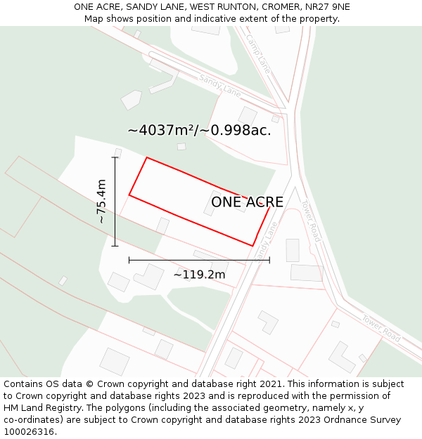 ONE ACRE, SANDY LANE, WEST RUNTON, CROMER, NR27 9NE: Plot and title map