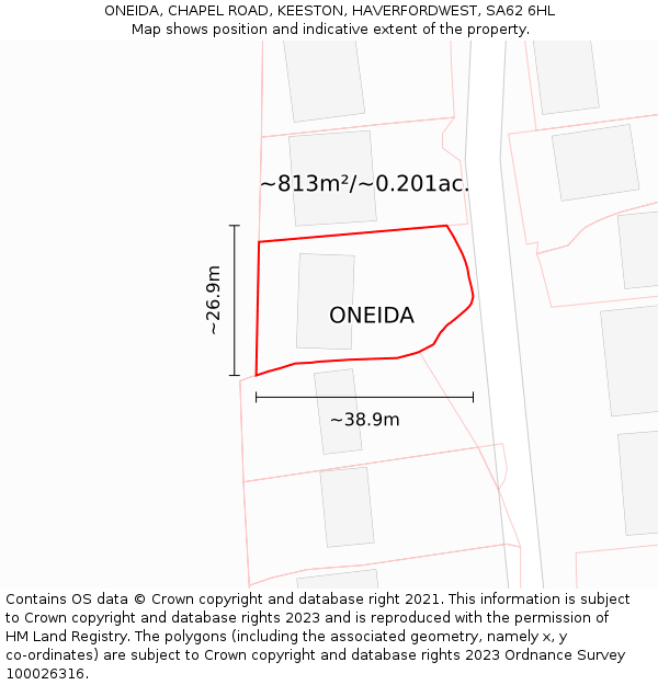 ONEIDA, CHAPEL ROAD, KEESTON, HAVERFORDWEST, SA62 6HL: Plot and title map