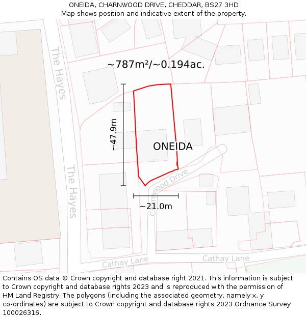 ONEIDA, CHARNWOOD DRIVE, CHEDDAR, BS27 3HD: Plot and title map