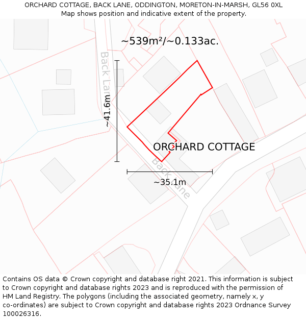 ORCHARD COTTAGE, BACK LANE, ODDINGTON, MORETON-IN-MARSH, GL56 0XL: Plot and title map