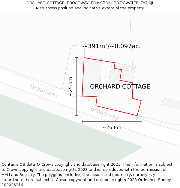 ORCHARD COTTAGE, BROADWAY, EDINGTON, BRIDGWATER, TA7 9JL: Plot and title map