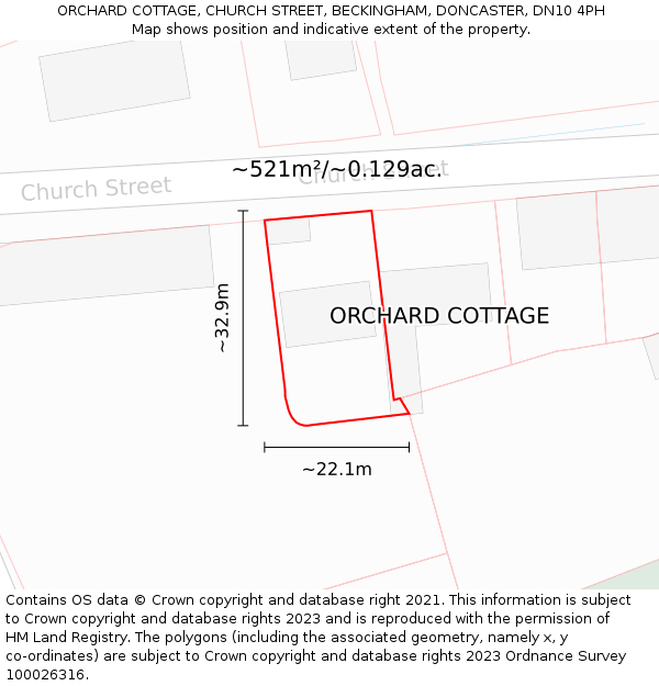 ORCHARD COTTAGE, CHURCH STREET, BECKINGHAM, DONCASTER, DN10 4PH: Plot and title map